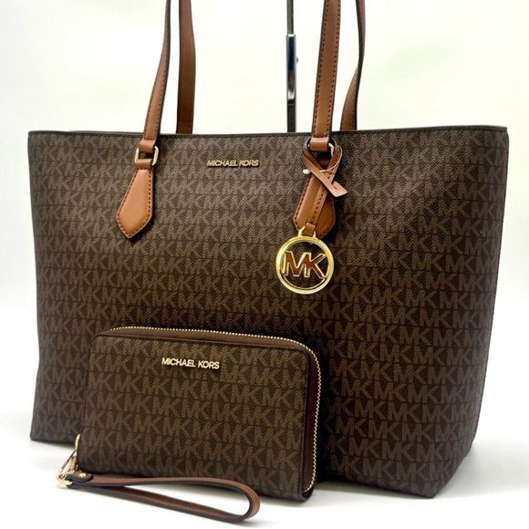 Michael Kors Sheila Large Logo Tote Bag & Matching Flat Phone Case Wallet Brown - Picture 1 of 12